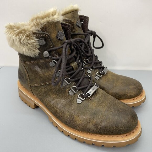 Harley Davidson Benton Boots Faux Fur Distressed Biker Leather Brown Womens 9 - Picture 1 of 14